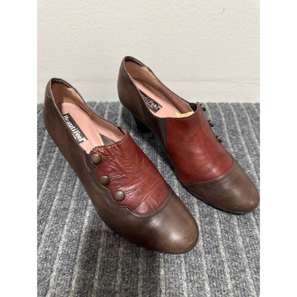 BeautiFeel Shoes - BeautyFeel Retro-Look Brown & Burgundy Leather Cushioned Comfort Heels Size 8